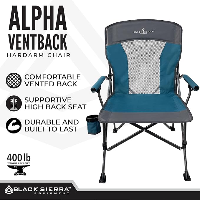 Black Sierra Camping Chair – Folding Portable Lawn &amp Beach Chair with Padded Hard Armrest Mesh Vented Back Spacious Cup Holder Carry Bag – Supports 300 lbs for Sports