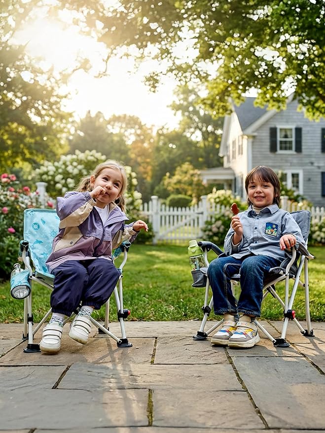 EVER ADVANCED Kids Camping Chairs with Cup Holder Padded Folding Camping Chair Outdoor with Safety Lock Carry Bag Lightweight Portable Camp Chairs for Beach Balcony Patio Supports 150lbs Grey