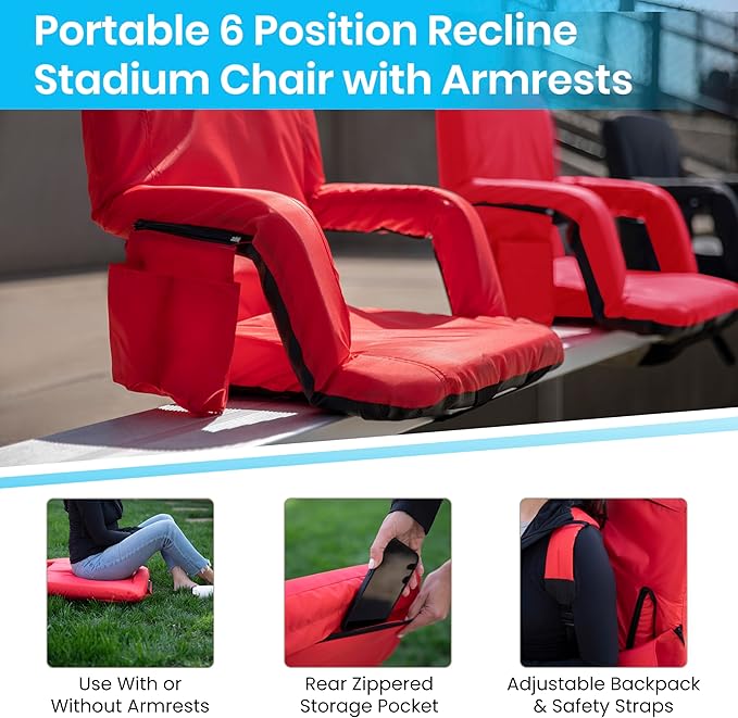 BizChair Set of 2 Red Portable Lightweight Reclining Stadium Chairs with Armrests Padded Back &amp Seat - Storage Pockets &amp Backpack Straps