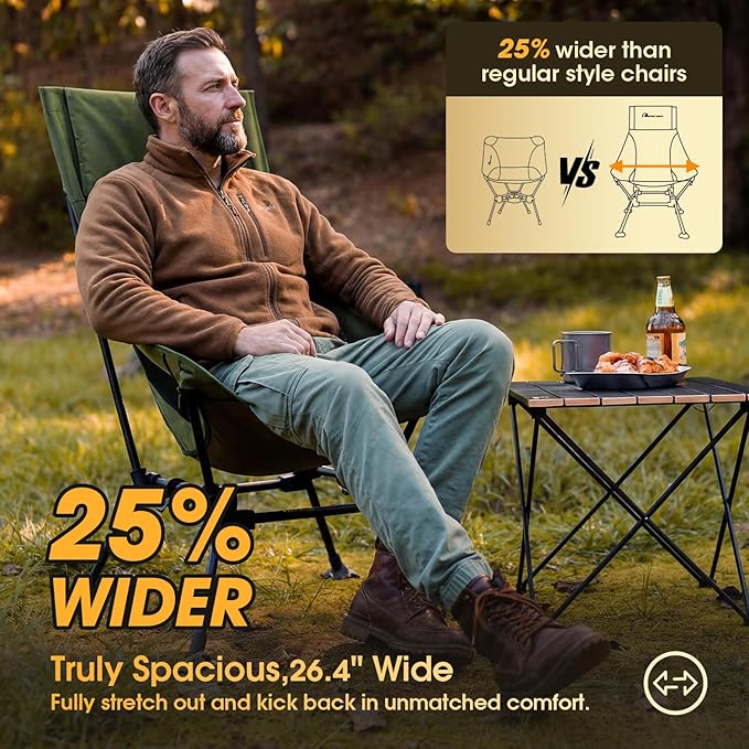 MOON LENCE Oversized High Back Camping Chair for Adults Height Adjustable Folding Chair with 400 lbs Capacity Hidden Pillow Pocket and Wide Seat for Camping Base Camp Fishing Overlanding Green
