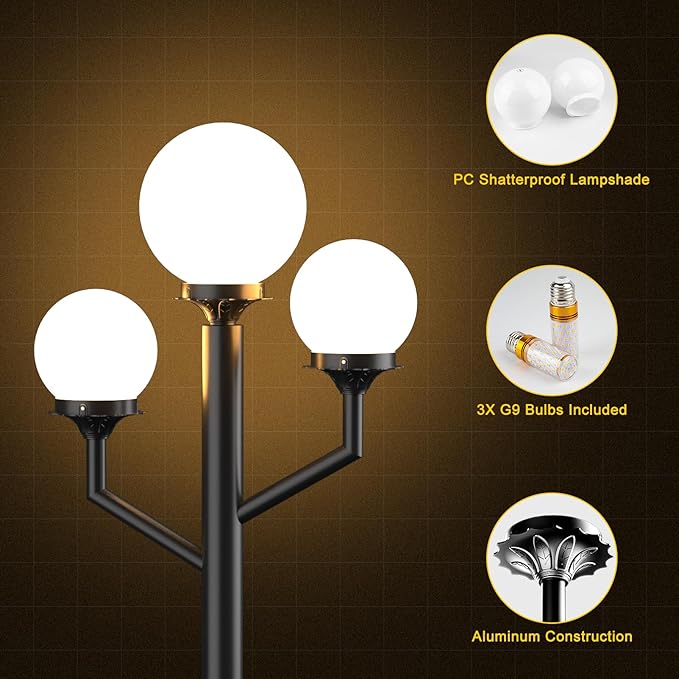 79'' Outdoor Lamp Post Light with 3 Lights(3Pcs 10W LED Bulbs Included) Waterproof Street Light Pole Lamp for Outside Black Outdoor Post Light for Garden/Yard/Patio-Black