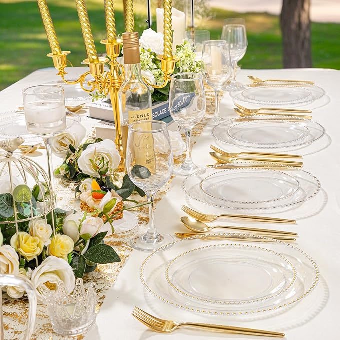 Rubtlamp 60Pcs Clear Gold Plastic Plates Clear Disposable Plates With Gold Beaded Heavyduty Plastic Plates Include 30 Dessert Platos 30 Dinner Platos for Wedding Party
