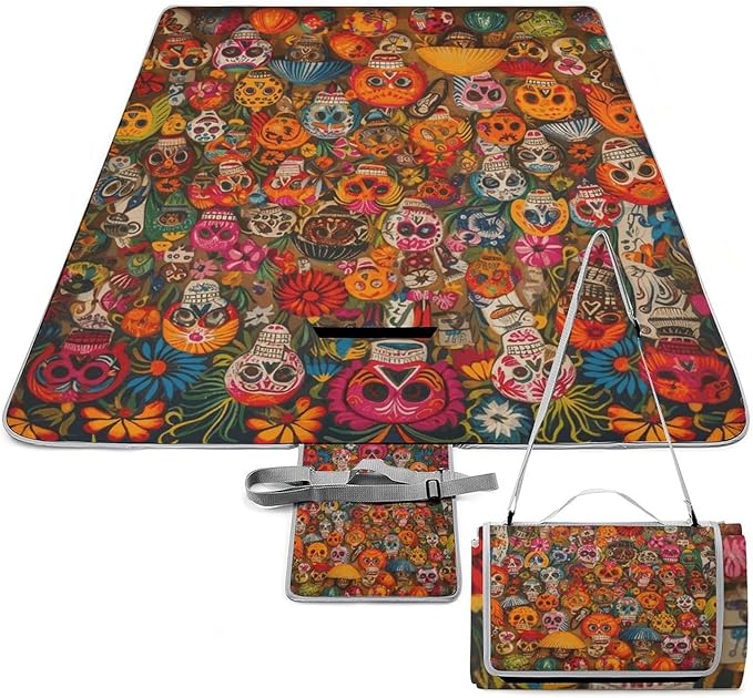 Mexican Folk Art Beach BlanketPortable Waterproof Picnic Blanket58.3''x 58.3'' Extra Large Picnic Mat for BeachCamping Grass Lawn Park Accessorie for Festival BBQ