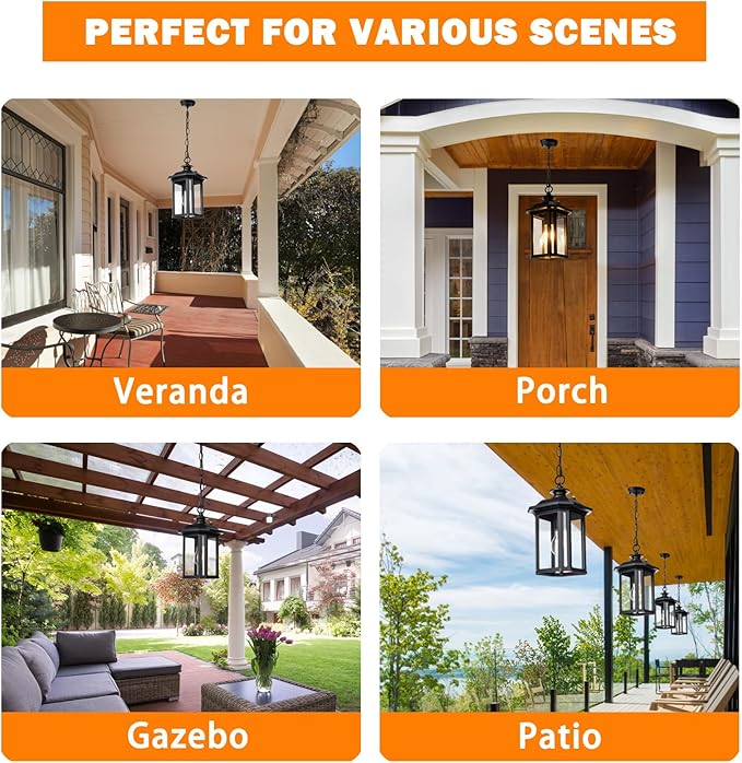 JYZ Dusk to Dawn Outdoor Pendant Lighting Large Exterior Hanging Lantern Light Fixture Classic Black Outdoor Chandelier Outside Ceiling Mount Hanging Lamp for Porch Hallway Foyer Patio Gazebo