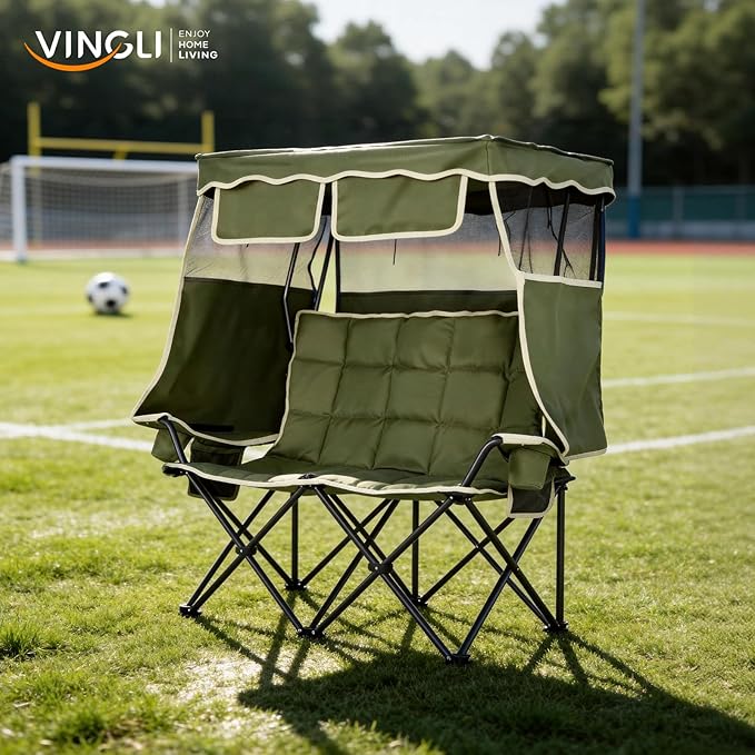 VINGLI Oversize Double Camping Chair with CanopyBeach Chair with Canopy Shade Portable Camping Loveseat with 2 Storage Bags for Outdoor Soccer Sport Events Beach or Camping