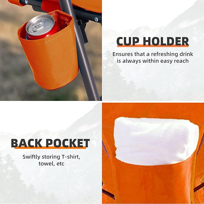 Outdoor Beach Chair for Adults Set of 2 PCS Portable Lightweight Low Back Sling Chair with Cup Holder 300lbs Capacity Camping Chair for Patio Lawn Concert Travel (Orange)