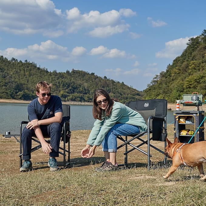 TIMBER RIDGE Lightweight Oversized Camping Chair Aluminum Directors Chair with Side Table for Outdoor Camping Lawn Picnic and Fishing Supports 400lbs Black 2PCS