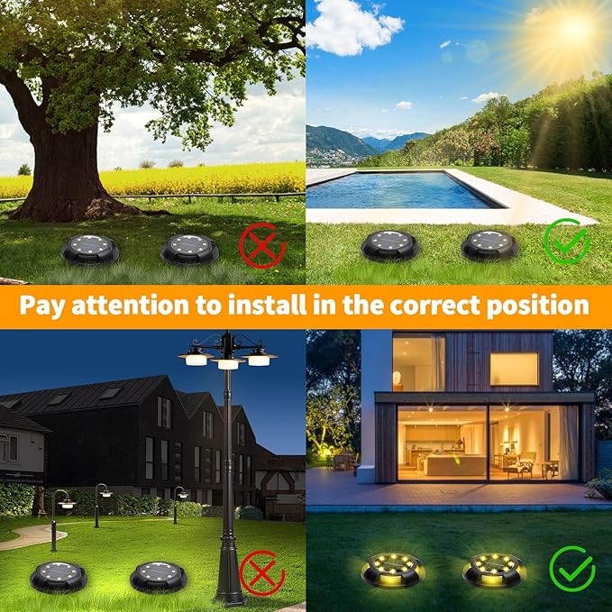 Solar Ground Lights 8 Pack 12 LED Solar Disk Lights Outdoor Waterproof In-Ground Landscape Lighting for Garden Pathway Yard Lawn Patio Deck Driveway Walkway Outside Decor (Warm White)