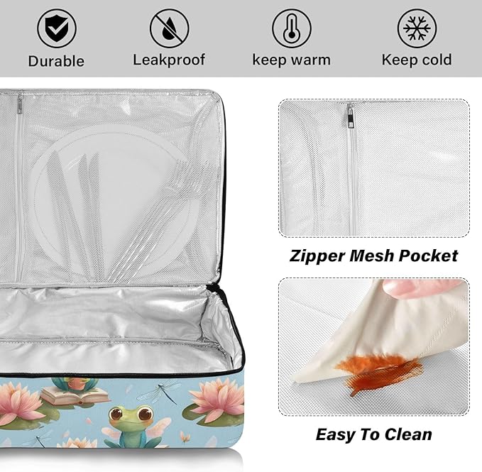 Casserole Carrier Green Frog and FlowersInsulated Casserole Carrier for Hot or Cold Food Thermal Lunch Tote for Potluck Parties Picnic Beach Fits 9 x 13 Inches Baking Dish