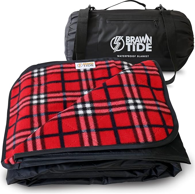 BRAWNTIDE Large Outdoor Waterproof Blanket - Extra Thick Fleece Warm Windproof Sandproof Quilted 82 x 55 Ideal for Beaches Picnics Camping Stadiums Dogs Car