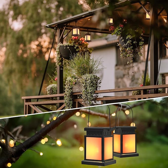 GIGALUMI Solar Lanterns Outdoor Waterproof 4 Pack Hanging Solar Lanterns for Outside Flame Effect Outdoor Lights for Pathway Garden Patio Lawn Porch Gazebo Tent Tree Yard(Flickering Lights)