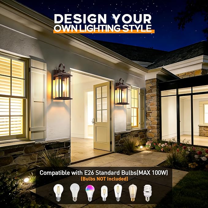 16.8'' Large Dusk to Dawn Outdoor Wall Lights Brown Exterior Lighting Fixtures Wall Sconce with Seeded Glass Waterproof Front Porch Light Outside Lantern for House Patio Garage 1Pack