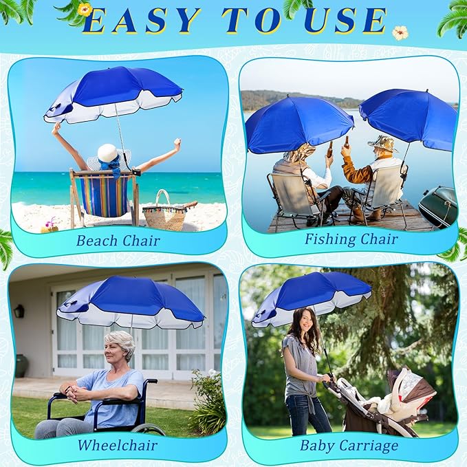 Buryeah 2 Pcs Automatic Chair Umbrella with Universal Clamp 44 UPF 50+ Portable Clamp on Beach Chair Adjustable Wheelchair Umbrella for Outdoor Patio Parasol