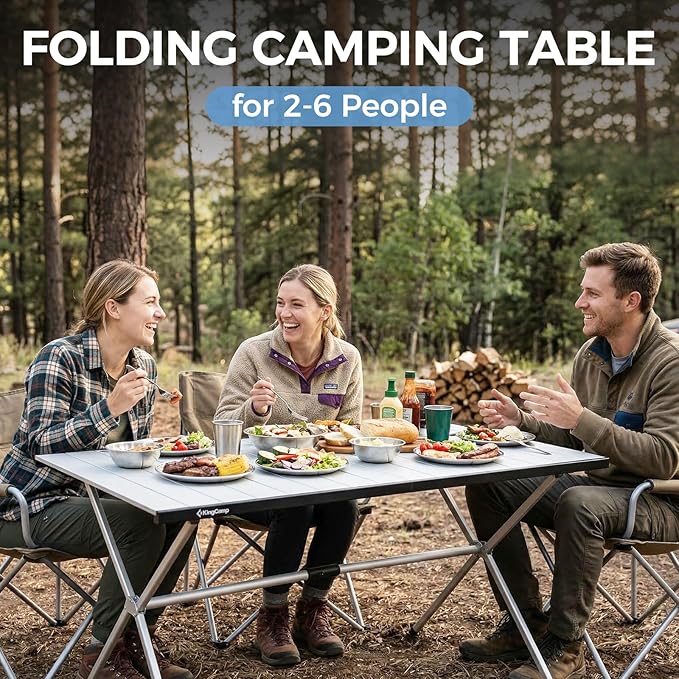 KingCamp Camping Table Roll up Aluminum Folding Table Lightweight Large Portable Foldable Camp Table for Picnic Camping Barbecue Backyard Beach Tailgate Indoor Outdoor 4-6 Person Support 176lbs