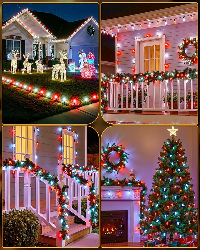 Minetom C9 Christmas Lights Outdoor 88FT 110LED String Lights with 8 Lighting Mode Waterproof Connectable UL Certified C9 Christmas Decorations for Indoor Outdoor Patio Roofline Decor Red＆White