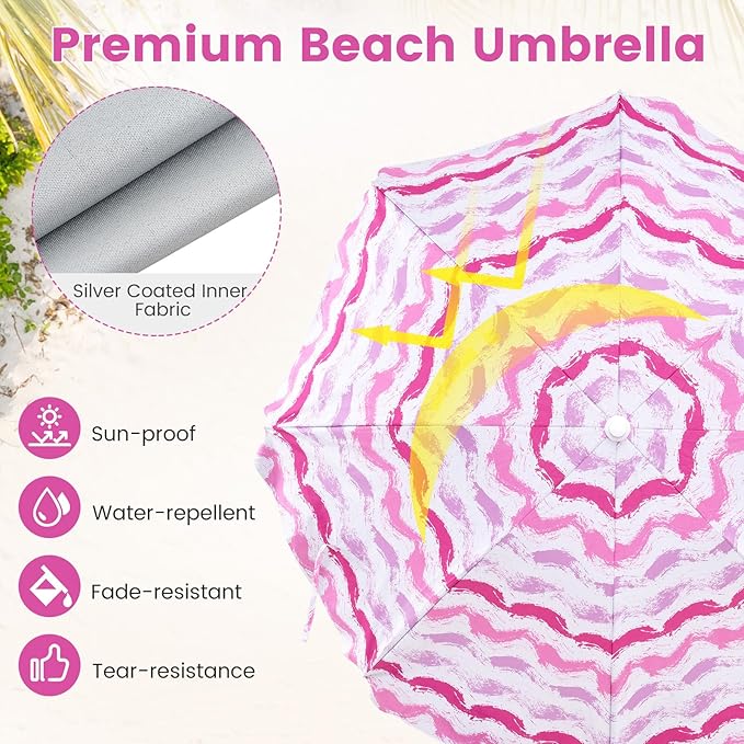 GYMAX Beach Chair with Umbrella Set of 4 Including 2 Folding Chairs Blanket Adjustable Parasol &amp Carry Bag Camping Chairs with Sunshade for Beach Patio Poolside Deck Lawn Picnic