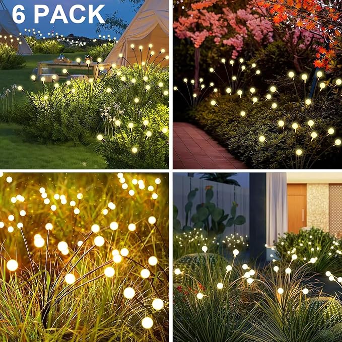 New Upgraded Solar Firefly Lights Outdoor Waterproof 6 Pack 48 LED 19 Modes USB Rechargeable Solar Garden Lights with Remote Timer Dimmable for Yard Patio Landscape Outside Decorations Light Warm