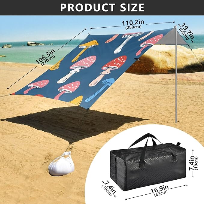Colorful Mushrooms Solid Camping Sun Shelter Beach Tent Portable Beach Sun Shade Outdoor Canopy for Camping Trips Fishing Picnic