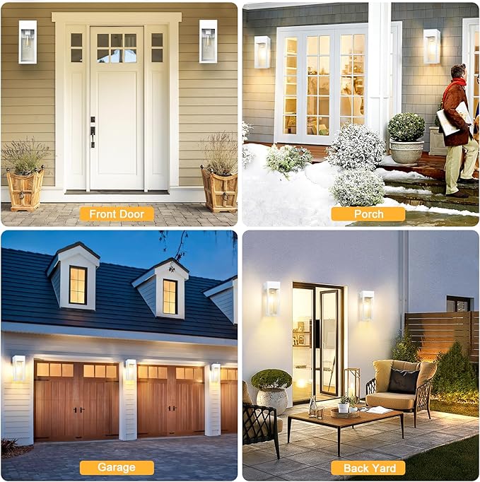 2 Pack Porch Lights Outdoor Wall Sconce Outdoor Light with GFCI Outlet Waterproof Exterior Wall Lantern Light Fixtures Anti-Rust Wall Lamp with Clear Glass for Patio Doorway Garage- White
