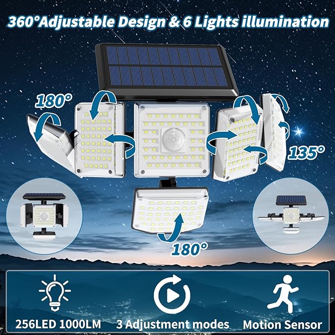 6 Adjustable Heads Solar Lights Outdoor Waterproof Motion Sensor Outdoor Lights Super Bright 3 Modes 2400mAh 360° Illumination Security Flood Light for Patio Yard Garden-1 Pack
