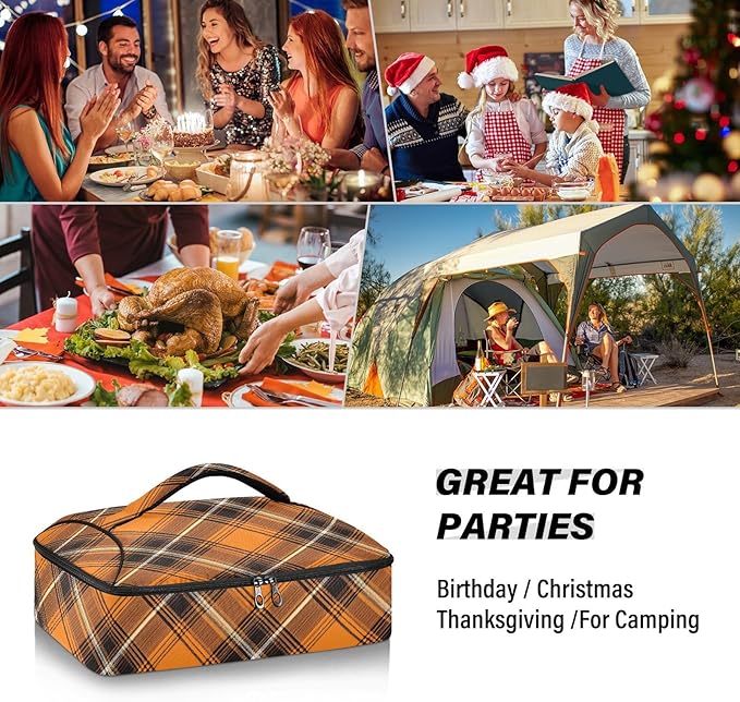 Casserole Carrier Orange and Brown Tartan Print Insulated Casserole Carrier for Hot or Cold Food Thermal Lunch Tote for Parties Picnic Travel Carry Bag