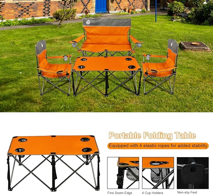 Northroad Folding Camping Chair Set of 4 Portable Collapsible Conversation Set w/1 Sofa 2 Single Chairs 1 Table for Family Patio Outdoor Travel Beach(Orange)