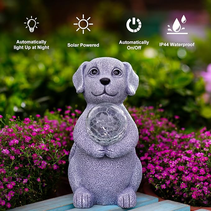 Dog Garden Statues - 8.4 Dog Decor with Gazing Ball LED Lights Unique Gifts for Mom Grandma Birthdays Outdoor Decor for Outside Lawn Porch Patio (Gray)