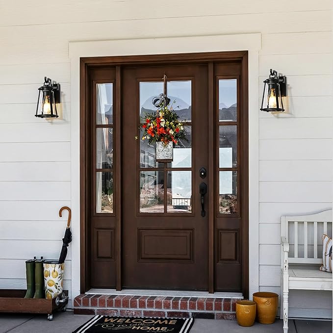 Outdoor Wall Lantern Light Fixture Black Exterior Wall Mounted Sconces with Seeded Glass Farmhouse Anti-Rust Porch Lights for Front Door Garage Entry Porch Patio and Gazebo