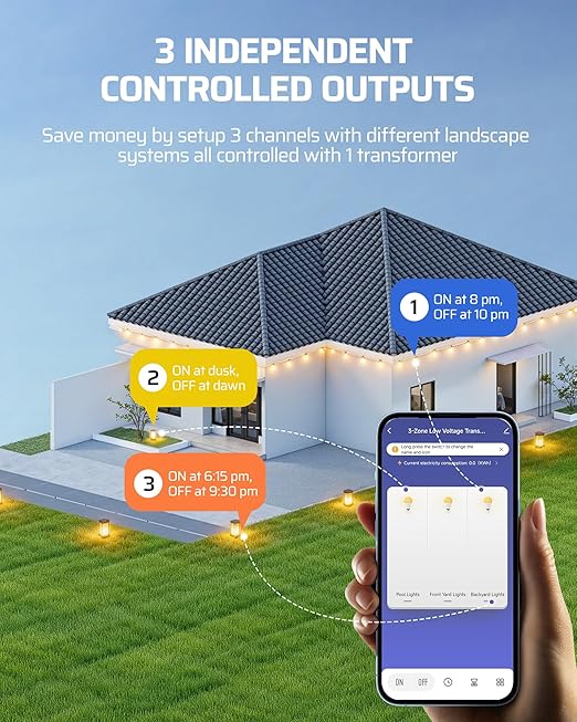 DEWENWILS Smart Low Voltage Landscape Transformer 300W 3 Independent Outputs 120V AC to 12V/14V AC Landscape Lighting Transformer with Schedule &amp Timer Compatible with Alexa &amp Google Assis