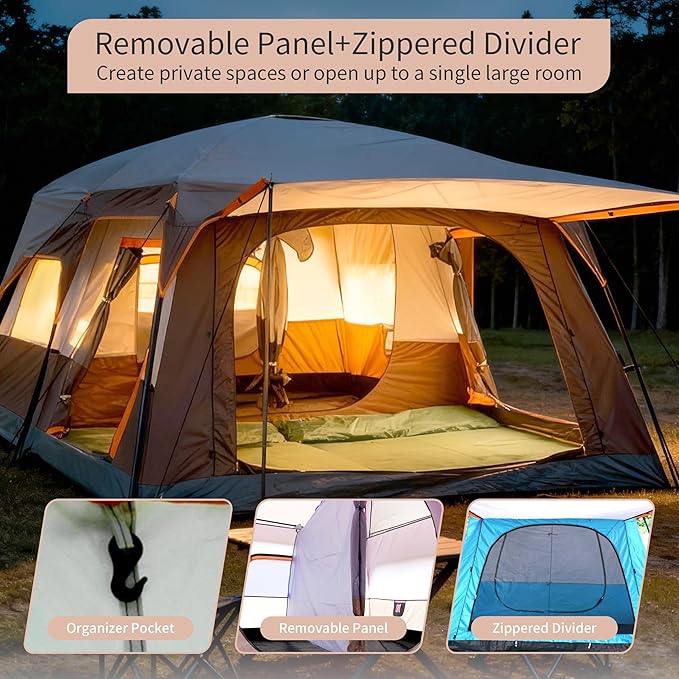 Large Family Standing Upright Camping Tent - 5-12 Persons Multi-Room Waterproof Tent with Screened Porch - Glamping Tent for Outdoor Camping &amp Family Vacation