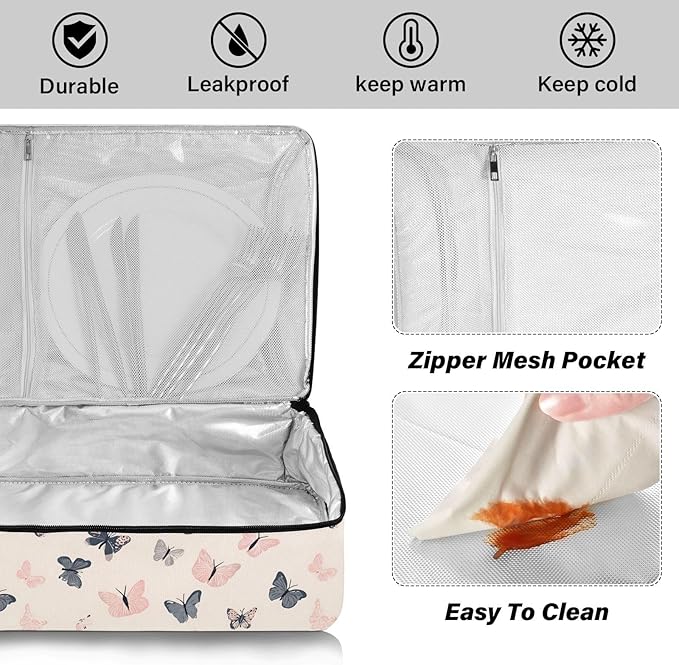 Casserole Carrier Pattern Pink ButterfliesInsulated Casserole Carrier for Hot or Cold Food Thermal Lunch Tote for Potluck Parties Picnic Beach Fits 9 x 13 Inches Baking Dish