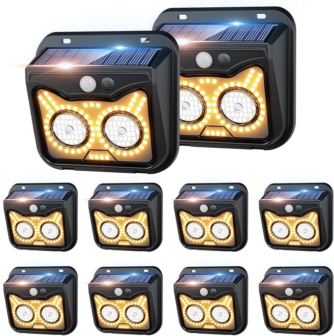Solar Motion Sensor Lights Outdoor Owl Shaped Warm White Waterproof Solar Powered Wall Lights 3 Lighting Modes Security Flood Lights for Outside Deck Fence Yard Garden Step Porch Door -10 Pack