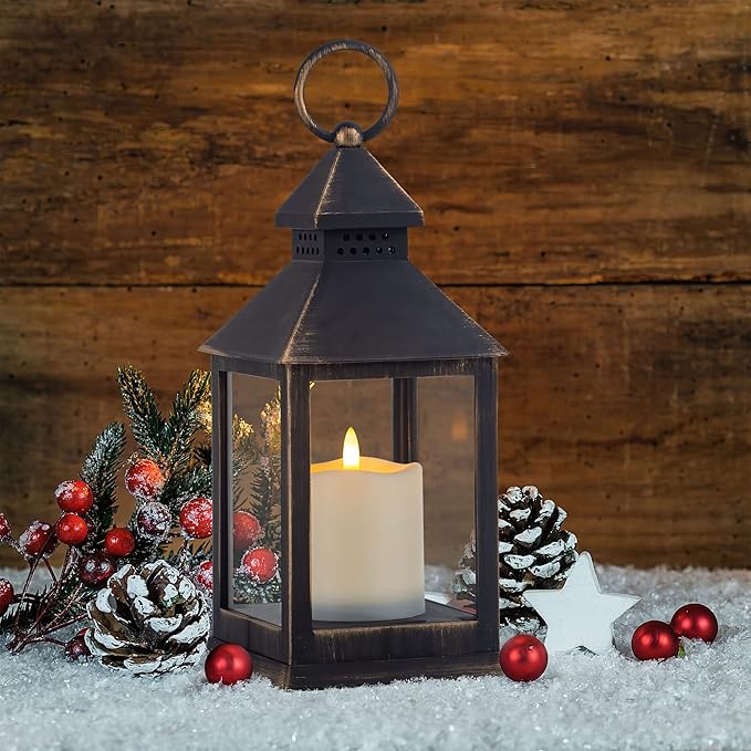 Vintage Golden Brushed Black Lantern Decorative LED Flickering Flameless Candle with Timer Battery Powered LED Decorative Hanging Lanterns for Indoor Outdoor Garden Yard Home Decor(4 Pack)