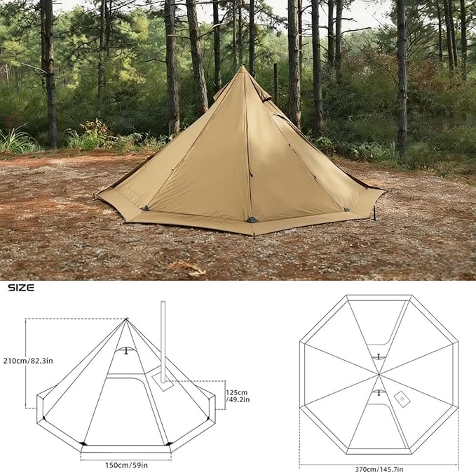 Hot Tent with Stove Jack &amp Snow Skirt 4-Season 3-4 Person 4.8lb Waterproof &amp Windproof Ideal for Camping Backpacking Hiking Hunting and Fishing Polyester Brown