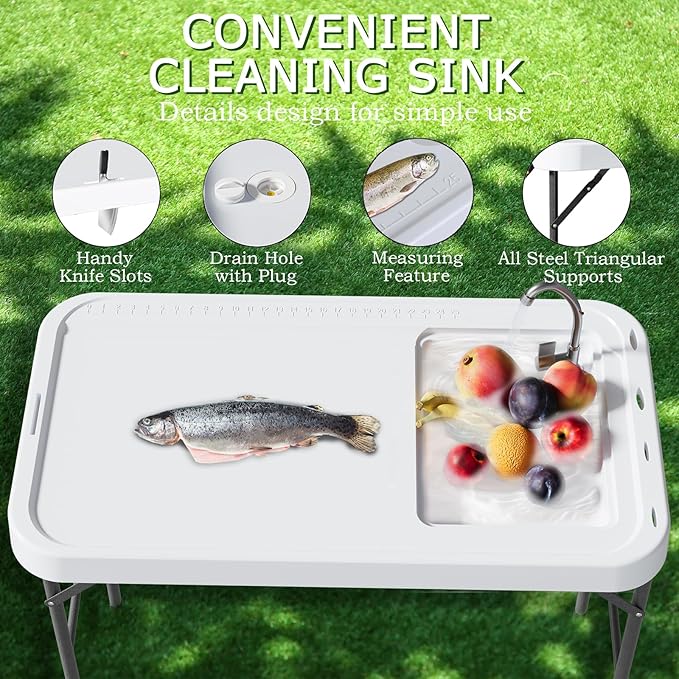 Folding Fish Cleaning Table with Sink Portable Camping Sink Table with Measure Mark Drainage Hose and Knife Groove Outdoor Fish Fillet Cleaning Station for Picnic Fishing White