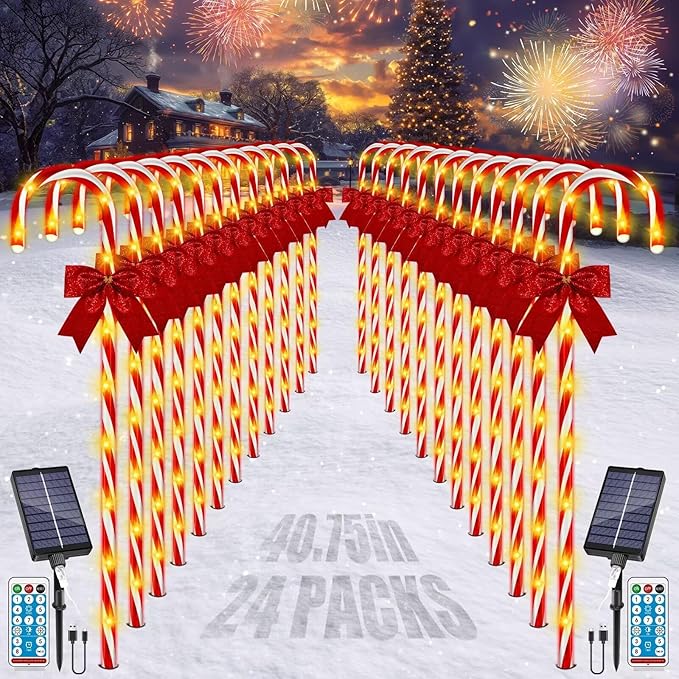 Christmas Solar Candy Cane Pathway Lights 24PCS 240LED Christmas Light Outdoor Decorations with Red Bow Waterproof 8 Modes Timer Remote Walkway Garden Lights for Xmas Home Yard Lawn Patio Decor