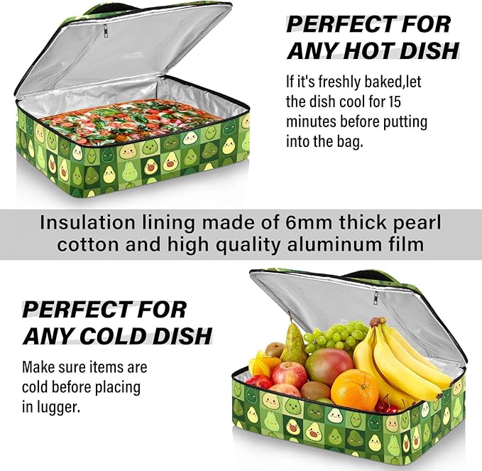 Casserole Carrier Pattern Cute AvocadoInsulated Casserole Carrier for Hot or Cold Food Thermal Lunch Tote for Potluck Parties Picnic Beach Fits 9 x 13 Inches Baking Dish