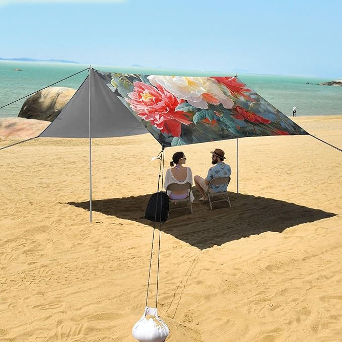 ALAZA Butterfly Rose Flowers Beach Tent Sun Shelter UPF50+ Protection Beach Shade Canopy w/ 4 Sandbags for Outdoor Camping Fishing Backyard Fun Picnic 10x9 ft