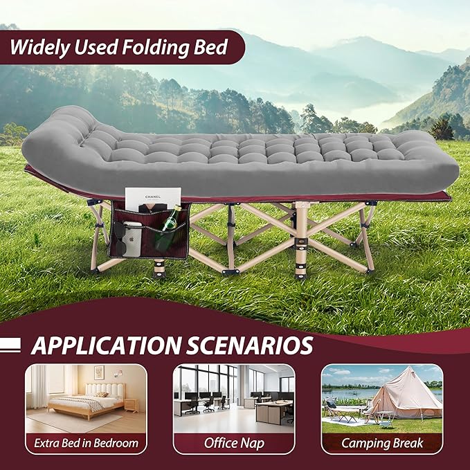 Folding Camping Cot for Sleeping Portable Cots for Adults Heavy Duty Cot Bed 550LBS(Max Load) Extra Wider Cots with Large Pocket for Outdoor Office Beach