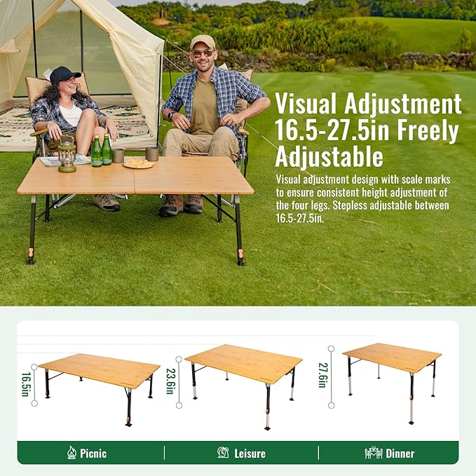 KingCamp Bamboo Folding Table 4-Fold Camping Adjustable Height Portable Outdoor Lightweight &amp Compact Table with Aluminum Frame for RV Picnic BBQ Tailgating