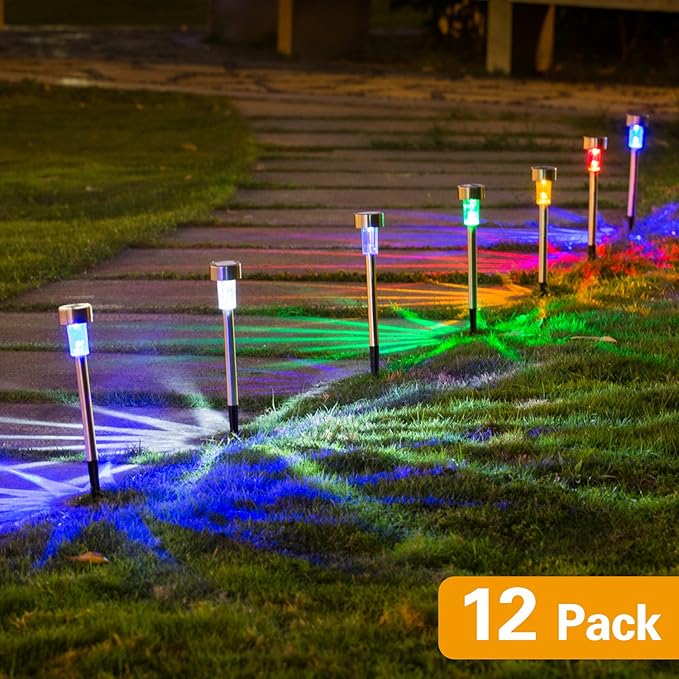 Solar Lights Outdoor - Garden Landscape Pathway Lights for Lawn Patio - Stainless Steel 12 Pack (6 Colors)