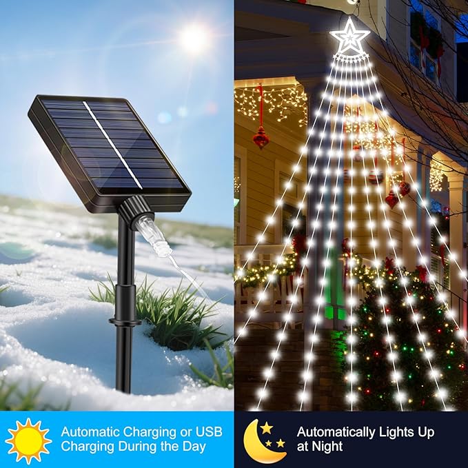 Solar Christmas Decorations Tree Lights Outdoor 18.37ft 532LED Waterfall String Lights with 8 Modes Timer Remote Xmas Lights USB Powered for Garden Yard Patio Home Holiday Party Decor Pure White