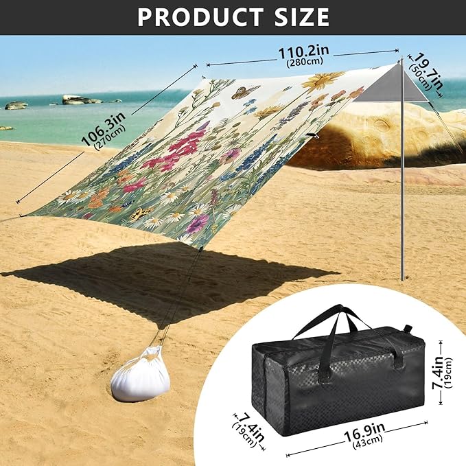 Wildflowers Field Beach Tent Sun Shelter 9.2' x 10.5' Beach Canopy with 4 Sandbags 4 Stability Poles Sand Shovels - Tent Canopy for Beach Camping Fishing Picnics