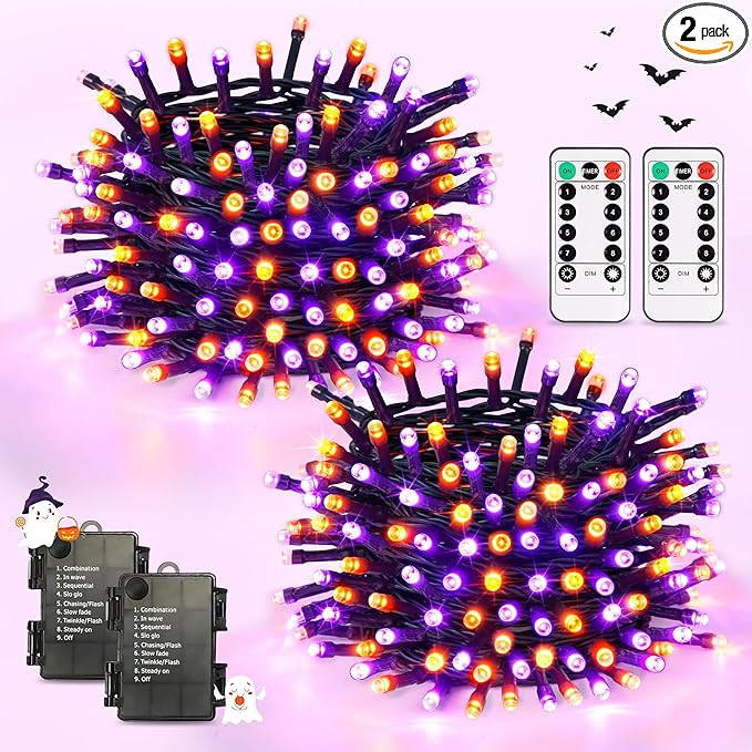 JMEXSUSS Orange and Purple Halloween Lights Battery Operated Each 33 FT Indoor Halloween Lights Outdoor Waterproof 2 Pack 100 LED Christmas Light for Christmas Tree Decor