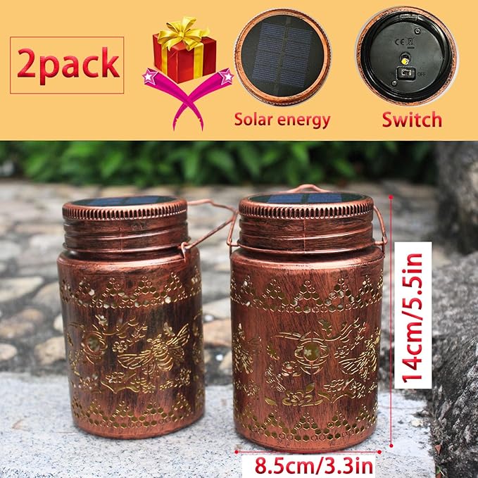 Bee Solar Lanterns 2pack Outdoor Waterproof Hanging Solar Lights Bee Gifts for Women Men Metal Decorative LED Lanterns for Yard Patio Lawn Tabletop Pathway Landscape Garden Decor(Bee 2pack)