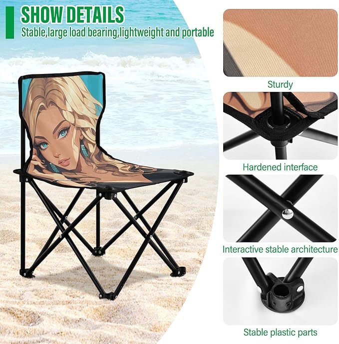 Cartoon Beautiful Woman Seductive Foldable Backpack Beach Chairs for Adults Ultra Lightweight Camping Chair Includes Carry Bag Hiking Chair for Fishing Outdoor
