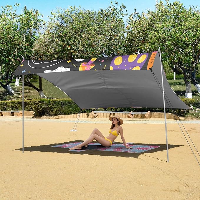 ALAZA Halloween Ghosts Mushrooms Beach Tent Sun Shelter UPF50+ Protection Beach Shade Canopy w/ 4 Sandbags for Outdoor Camping Fishing Backyard Fun Picnic 10x9 ft