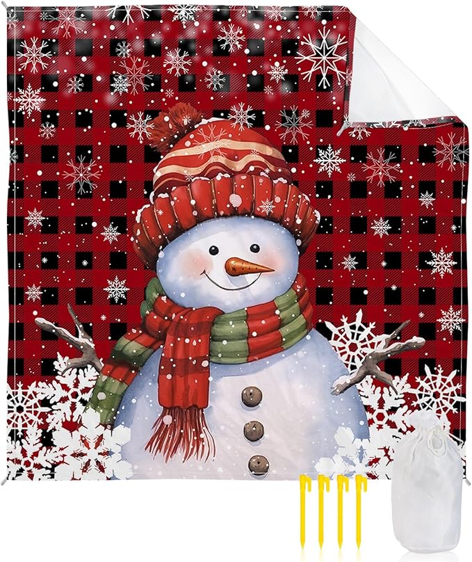 Beach Blanket Waterproof Sandproof Cute Snowman Red Black Buffalo Plaid Quick Drying Beach Mat with 4 Stakes Winter White Snowflake Seamless Lightweight Picnic Blanket for Travel Camping 95x80