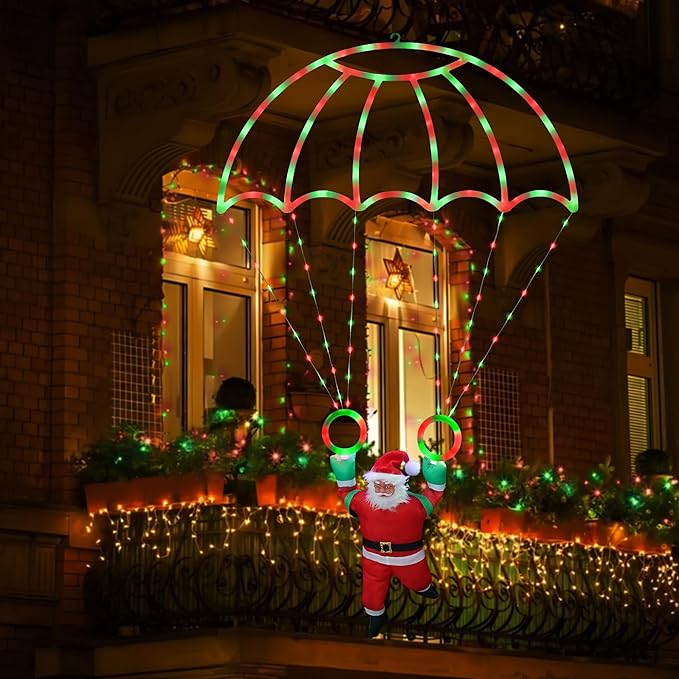 Toodour Christmas Decorations Lights Outdoor 2.8FT Christmas Parachute Lights with Santa Claus Waterproof 8 Modes Hanging Red &amp Green Xmas Light - Holiday Decorative Light for Indoor Eave Roof