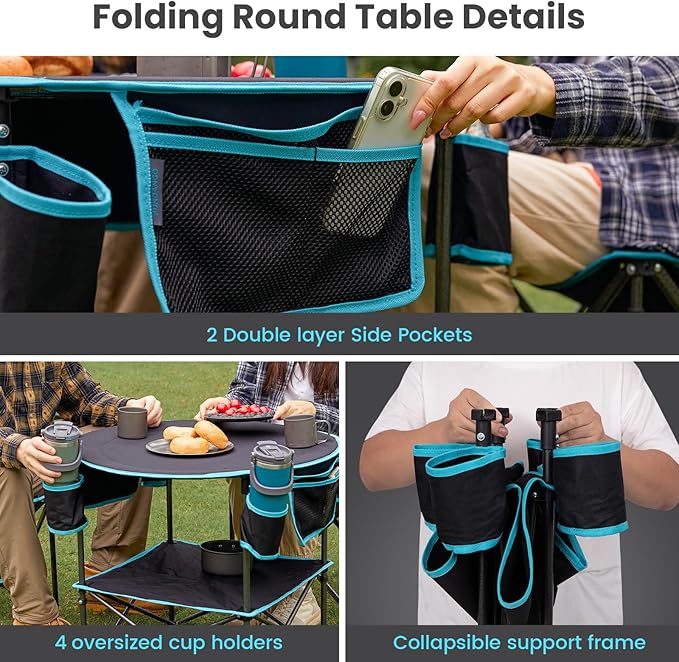 FUNDANGO All in One Tailgate Table Portable Beach Table with Cup Holders Camping Table Foldable with Side Pockets Carry Bag for Camp Outdoor Sand Beach Picnic Fishing Tailgating Essentials